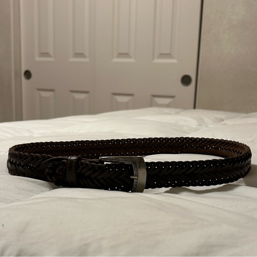 Rich Brown Braided Leather Belt with Dark Silver Accents